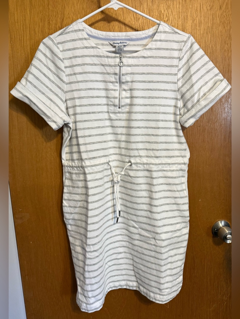 Tommy Bahama White and Light Gray Striped Drawstring Dress